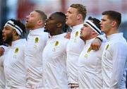 18 March 2023; England captain Owen Farrell, right, and teammates during the national anthem before the Guinness Six Nations Rugby Championship match between Ireland and England at the Aviva Stadium in Dublin. Photo by Seb Daly/Sportsfile