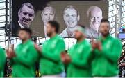 18 March 2023; A minute's applause is held in memory of servants to Irish rugby, from left, the late Niall Brophy, Caleb Powell, Tom Tierney and Brian O'Brien, before the Guinness Six Nations Rugby Championship match between Ireland and England at the Aviva Stadium in Dublin. Photo by Seb Daly/Sportsfile