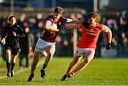 18 March 2023; Patrick Kelly of Galway in action against Jason Duffy of Armagh during the Allianz Football League Division 1 match between Armagh and Galway at Box-It Athletic Grounds in Armagh. Photo by Ben McShane/Sportsfile