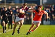 18 March 2023; Patrick Kelly of Galway in action against Jason Duffy of Armagh during the Allianz Football League Division 1 match between Armagh and Galway at Box-It Athletic Grounds in Armagh. Photo by Ben McShane/Sportsfile