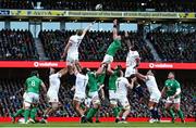 18 March 2023; Peter O'Mahony of Ireland takes possession in a lineout ahead of Maro Itoje of England during the Guinness Six Nations Rugby Championship match between Ireland and England at Aviva Stadium in Dublin. Photo by Harry Murphy/Sportsfile