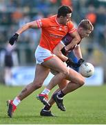 18 March 2023; Cian Hernon of Galway in action against Stefan Campbell of Armagh during the Allianz Football League Division 1 match between Armagh and Galway at Box-It Athletic Grounds in Armagh. Photo by Ben McShane/Sportsfile