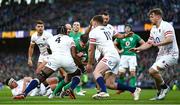 18 March 2023; Jonathan Sexton of Ireland is stopped short of the tryline by Maro Itoje and Owen Farrell of England during the Guinness Six Nations Rugby Championship match between Ireland and England at Aviva Stadium in Dublin. Photo by Harry Murphy/Sportsfile