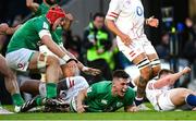 18 March 2023; Dan Sheehan of Ireland celebrates after scoring his side's first try with teammate Josh van der Flier, left,  during the Guinness Six Nations Rugby Championship match between Ireland and England at Aviva Stadium in Dublin. Photo by Harry Murphy/Sportsfile