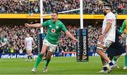 18 March 2023; Jonathan Sexton of Ireland celebrates after teammate Dan Sheehan, not pictured, scored their side's first try during the Guinness Six Nations Rugby Championship match between Ireland and England at Aviva Stadium in Dublin. Photo by Ramsey Cardy/Sportsfile