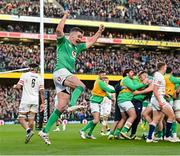 18 March 2023; Jonathan Sexton of Ireland celebrates after teammate Dan Sheehan, not pictured, scored their side's first try during the Guinness Six Nations Rugby Championship match between Ireland and England at Aviva Stadium in Dublin. Photo by Ramsey Cardy/Sportsfile