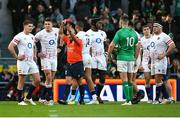 18 March 2023; Freddie Steward of England is shown a red card by referee Jaco Peyper during the Guinness Six Nations Rugby Championship match between Ireland and England at the Aviva Stadium in Dublin. Photo by Seb Daly/Sportsfile