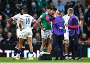 18 March 2023; Hugo Keenan of Ireland receives medical treatment and before leaving the pitch for a HIA after a tackle by Freddie Steward of England, resulting in a red card for Freddie Steward, during the Guinness Six Nations Rugby Championship match between Ireland and England at the Aviva Stadium in Dublin. Photo by Seb Daly/Sportsfile