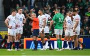 18 March 2023; Owen Farrell of England, left, protests as teammate Freddie Steward, second from left, is shown a red card by referee Jaco Peyper during the Guinness Six Nations Rugby Championship match between Ireland and England at the Aviva Stadium in Dublin. Photo by Seb Daly/Sportsfile
