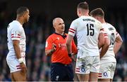 18 March 2023; Referee Jaco Peyper speaks to Owen Farrell of England, right, and Freddie Steward, second from right, after showing Freddie Steward a red card during the Guinness Six Nations Rugby Championship match between Ireland and England at Aviva Stadium in Dublin. Photo by Ramsey Cardy/Sportsfile