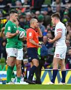 18 March 2023; England captain Owen Farrell speaks to referee Jaco Peyper after he had shown a red card to Freddie Steward during the Guinness Six Nations Rugby Championship match between Ireland and England at Aviva Stadium in Dublin. Photo by Harry Murphy/Sportsfile