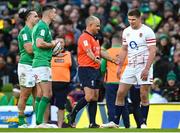 18 March 2023; England captain Owen Farrell speaks to referee Jaco Peyper after he had shown a red card to Freddie Steward during the Guinness Six Nations Rugby Championship match between Ireland and England at Aviva Stadium in Dublin. Photo by Harry Murphy/Sportsfile