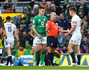 18 March 2023; England captain Owen Farrell speaks to referee Jaco Peyper after he had shown a red card to Freddie Steward during the Guinness Six Nations Rugby Championship match between Ireland and England at Aviva Stadium in Dublin. Photo by Harry Murphy/Sportsfile