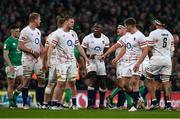 18 March 2023; England players including Maro Itoje, centre, celebrate a turnover during the Guinness Six Nations Rugby Championship match between Ireland and England at Aviva Stadium in Dublin. Photo by Harry Murphy/Sportsfile