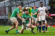 18 March 2023; Robbie Henshaw of Ireland, centre, celebrates after scoring his side's second try during the Guinness Six Nations Rugby Championship match between Ireland and England at the Aviva Stadium in Dublin. Photo by Seb Daly/Sportsfile