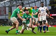 18 March 2023; Robbie Henshaw of Ireland, centre, celebrates after scoring his side's second try during the Guinness Six Nations Rugby Championship match between Ireland and England at the Aviva Stadium in Dublin. Photo by Seb Daly/Sportsfile
