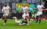 18 March 2023; Robbie Henshaw of Ireland dives over to score his side's second try during the Guinness Six Nations Rugby Championship match between Ireland and England at the Aviva Stadium in Dublin. Photo by Seb Daly/Sportsfile