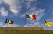 18 March 2023; The Irish tricolour flies alongside the flags of Roscommon and Kerry inside the ground before the Allianz Football League Division 1 match between Kerry and Roscommon at Austin Stack Park in Tralee, Kerry. Photo by Piaras Ó Mídheach/Sportsfile