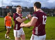 18 March 2023; Johnny Heaney, left, and John Maher of Galway celebrate after the Allianz Football League Division 1 match between Armagh and Galway at Box-It Athletic Grounds in Armagh. Photo by Ben McShane/Sportsfile