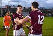 18 March 2023; Johnny Heaney, left, and John Maher of Galway celebrate after the Allianz Football League Division 1 match between Armagh and Galway at Box-It Athletic Grounds in Armagh. Photo by Ben McShane/Sportsfile