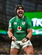 18 March 2023; Tom O'Toole of Ireland celebrates his side's fourth try during the Guinness Six Nations Rugby Championship match between Ireland and England at the Aviva Stadium in Dublin. Photo by Seb Daly/Sportsfile