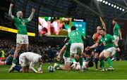 18 March 2023; Ireland players celebrate their side's fourth try scored by Tom O'Toole, during the Guinness Six Nations Rugby Championship match between Ireland and England at the Aviva Stadium in Dublin. Photo by Seb Daly/Sportsfile