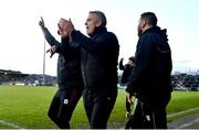 18 March 2023; Galway manager Pádraic Joyce, centre, celebrates after his side's first goal during the Allianz Football League Division 1 match between Armagh and Galway at Box-It Athletic Grounds in Armagh. Photo by Ben McShane/Sportsfile