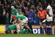 18 March 2023; Dan Sheehan of Ireland celebrates scoring his side's third try with teammates James Ryan, Josh van der Flier and Mack Hansen during the Guinness Six Nations Rugby Championship match between Ireland and England at Aviva Stadium in Dublin. Photo by Harry Murphy/Sportsfile