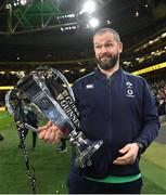 18 March 2023; Head coach Andy Farrell celebrates with the Six Nations trophy after the Guinness Six Nations Rugby Championship match between Ireland and England at Aviva Stadium in Dublin. Photo by Seb Daly/Sportsfile