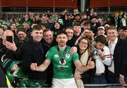 18 March 2023; Hugo Keenan of Ireland celebrates with supporters after his side's victory in the Guinness Six Nations Rugby Championship match between Ireland and England at the Aviva Stadium in Dublin. Photo by Seb Daly/Sportsfile