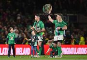 18 March 2023; Peter O'Mahony of Ireland, right, and Jonathan Sexton celebrate with the Triple Crown trophy after the Guinness Six Nations Rugby Championship match between Ireland and England at Aviva Stadium in Dublin. Photo by Ramsey Cardy/Sportsfile