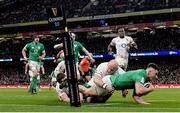 18 March 2023; Dan Sheehan of Ireland dives over to score his side's third try during the Guinness Six Nations Rugby Championship match between Ireland and England at the Aviva Stadium in Dublin. Photo by Seb Daly/Sportsfile