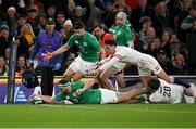 18 March 2023; Dave Kilcoyne of Ireland dives over to score his side's fourth try during the Guinness Six Nations Rugby Championship match between Ireland and England at Aviva Stadium in Dublin. Photo by Harry Murphy/Sportsfile