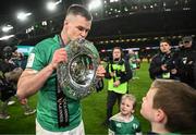18 March 2023; Jonathan Sexton of Ireland kisses the Triple Crown trophy after the Guinness Six Nations Rugby Championship match between Ireland and England at Aviva Stadium in Dublin. Photo by Harry Murphy/Sportsfile
