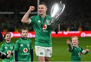 18 March 2023; Jonathan Sexton of Ireland celebrates with the Six Nations trophy and his three children Luca, Sophie, and Amy after the Guinness Six Nations Rugby Championship match between Ireland and England at Aviva Stadium in Dublin. Photo by Harry Murphy/Sportsfile