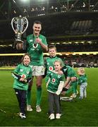 18 March 2023; Jonathan Sexton of Ireland celebrates with the Six Nations trophy and his three children Luca, Sophie, and Amy after the Guinness Six Nations Rugby Championship match between Ireland and England at Aviva Stadium in Dublin. Photo by Harry Murphy/Sportsfile