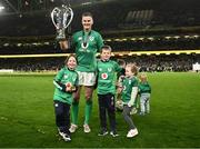 18 March 2023; Jonathan Sexton of Ireland celebrates with the Six Nations trophy and his three children Luca, Sophie, and Amy after the Guinness Six Nations Rugby Championship match between Ireland and England at Aviva Stadium in Dublin. Photo by Harry Murphy/Sportsfile