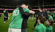 18 March 2023; Jonathan Sexton of Ireland embraces his wife Laura after his side's victory in the Guinness Six Nations Rugby Championship match between Ireland and England at Aviva Stadium in Dublin. Photo by Harry Murphy/Sportsfile
