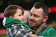 18 March 2023; Cian Healy of Ireland with his son Beau after the Guinness Six Nations Rugby Championship match between Ireland and England at Aviva Stadium in Dublin. Photo by Ramsey Cardy/Sportsfile