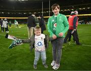 18 March 2023; Tommy Farrell, son of England captain Owen Farrell, left, with Gabriel Farrell, son of Ireland head coach Andy Farrell, after the Guinness Six Nations Rugby Championship match between Ireland and England at Aviva Stadium in Dublin. Photo by Harry Murphy/Sportsfile