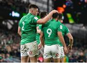 18 March 2023; Dan Sheehan of Ireland, left, celebrates with teammate Jamison Gibson-Park after scoring their side's third try during the Guinness Six Nations Rugby Championship match between Ireland and England at the Aviva Stadium in Dublin. Photo by Seb Daly/Sportsfile