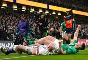 18 March 2023; Dan Sheehan of Ireland celebrates after scoring his side's third try during the Guinness Six Nations Rugby Championship match between Ireland and England at the Aviva Stadium in Dublin. Photo by Seb Daly/Sportsfile
