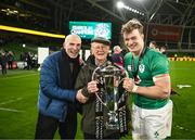 18 March 2023; Josh van der Flier of Ireland with his father Dirk and grandfather George Strong after his side's victory in the Guinness Six Nations Rugby Championship match between Ireland and England at Aviva Stadium in Dublin. Photo by Harry Murphy/Sportsfile