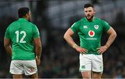 18 March 2023; Robbie Henshaw, right, and Bundee Aki of Ireland during the Guinness Six Nations Rugby Championship match between Ireland and England at the Aviva Stadium in Dublin. Photo by Seb Daly/Sportsfile