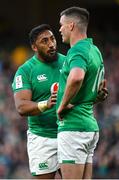 18 March 2023; Bundee Aki, left, and Jonathan Sexton of Ireland during the Guinness Six Nations Rugby Championship match between Ireland and England at the Aviva Stadium in Dublin. Photo by Seb Daly/Sportsfile