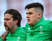 18 March 2023; Dan Sheehan, right, and Mack Hansen of Ireland before the Guinness Six Nations Rugby Championship match between Ireland and England at the Aviva Stadium in Dublin. Photo by Seb Daly/Sportsfile