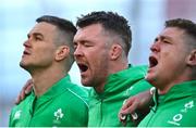 18 March 2023; Peter O'Mahony of Ireland, centre, with teammates Jonathan Sexton, left, and Tadhg Furlong before the Guinness Six Nations Rugby Championship match between Ireland and England at the Aviva Stadium in Dublin. Photo by Seb Daly/Sportsfile