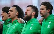 18 March 2023; Ireland players, from left, Josh van der Flier, James Lowe, Andrew Porter and Mack Hansen before the Guinness Six Nations Rugby Championship match between Ireland and England at the Aviva Stadium in Dublin. Photo by Seb Daly/Sportsfile