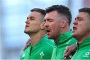 18 March 2023; Jonathan Sexton of Ireland, left, and teammates Peter O'Mahony, centre, and Tadhg Furlong before the Guinness Six Nations Rugby Championship match between Ireland and England at the Aviva Stadium in Dublin. Photo by Seb Daly/Sportsfile