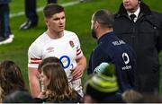 18 March 2023; Owen Farrell of England in conversation with Ireland head coach Andy Farrell after the Guinness Six Nations Rugby Championship match between Ireland and England at Aviva Stadium in Dublin. Photo by Ramsey Cardy/Sportsfile